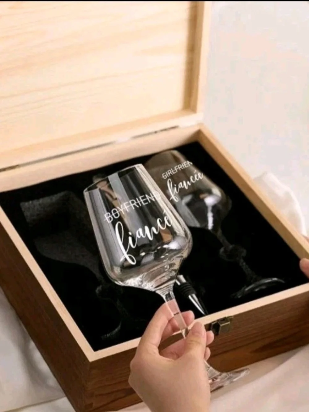 Engraved 'Fiancé' Wine Glass Gift Set with Wooden Case - Clear Glass